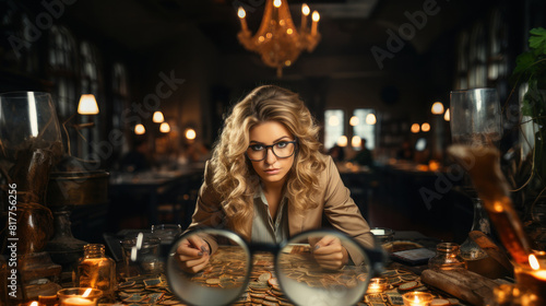 Confident Businesswoman Inspecting Coins with Magnifying Glass in Vintage Office