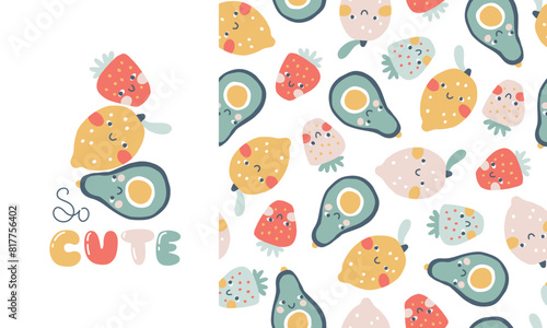 Tropical Fruit collection of seamless pattern with print composition and comic lettering. Vector cartoon childish background with cute smiling fruit characters in simple hand-drawn style.