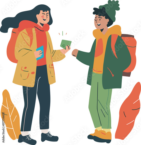 Two people are exchanging business cards.
