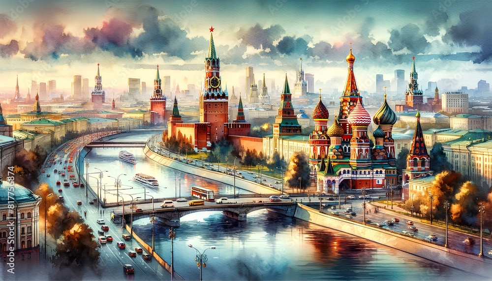 watercolor painting featuring significant landmarks of Moscow, Russia, including St. Basil's Cathedral, the Kremlin, Red Square, and the Bolshoi Theatre.