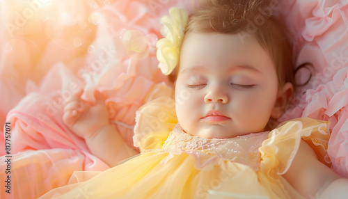 Cute baby girl wearing yellow dress sleeping portrait - ai generative © NAVIN