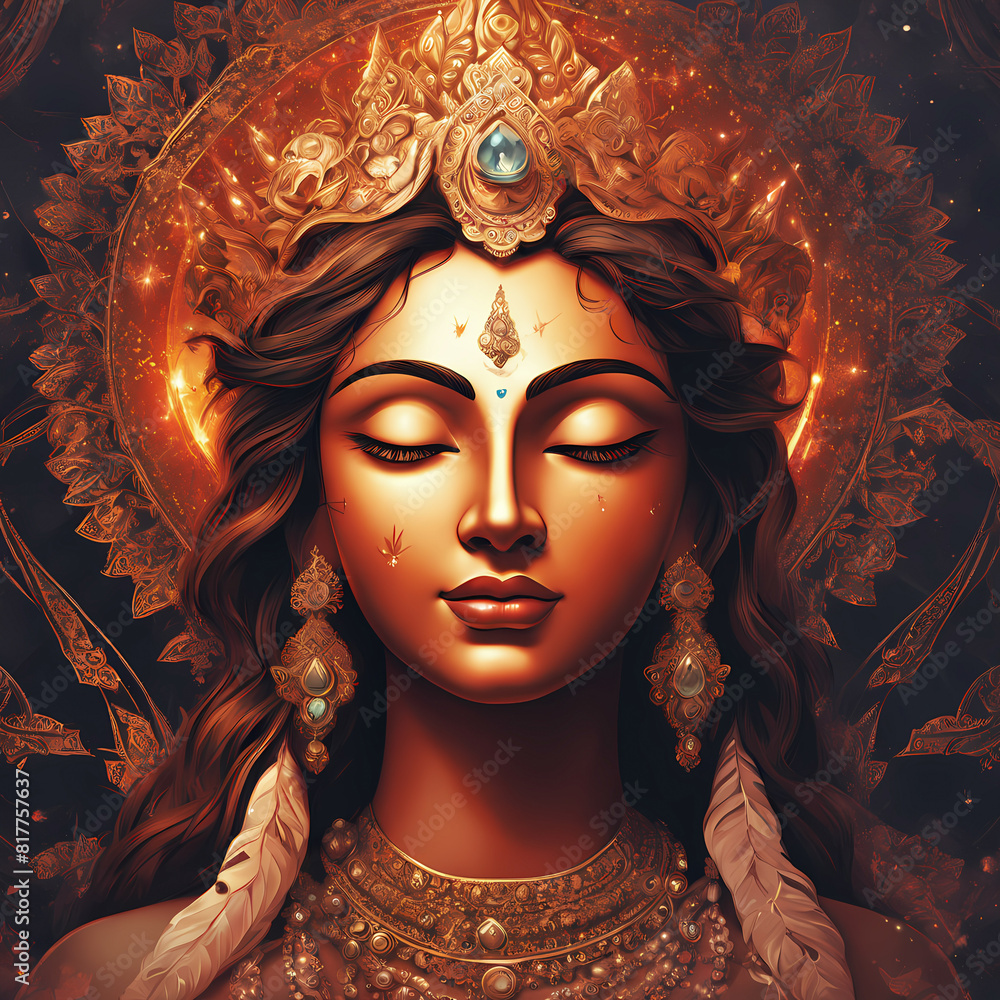 © Pratima - closeup of beautiful face of Indian goddess illustration background