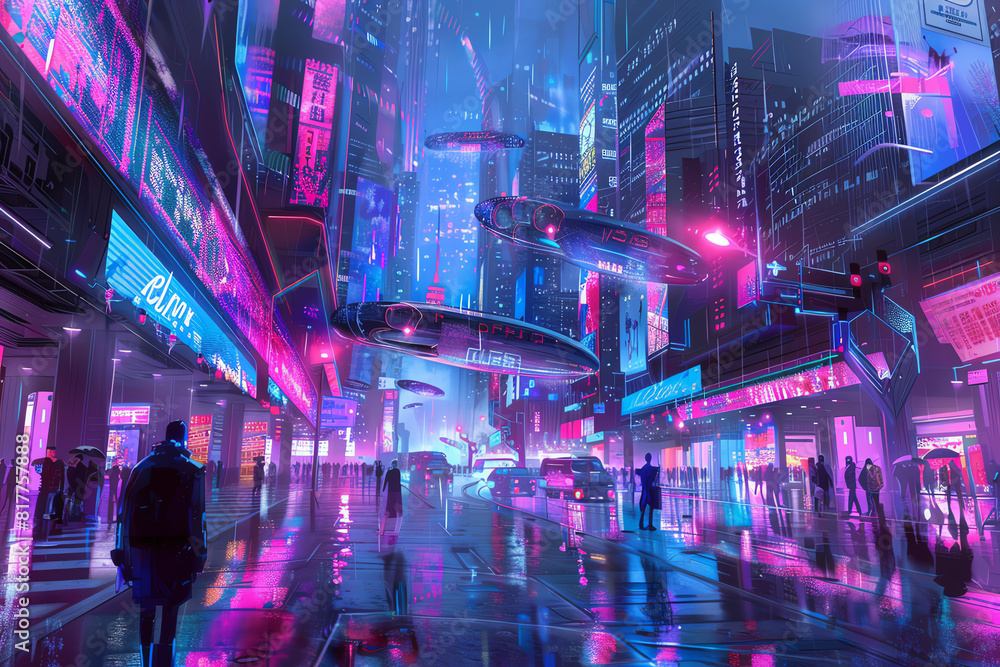 Illustrate a side view of a futuristic cityscape within a virtual reality world Show sleek holographic buildings
