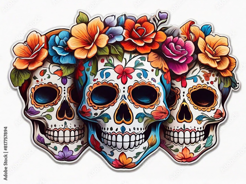 Sticker three colorful painted decorated skulls with flowers For the day of the dead and Halloween white isolated background