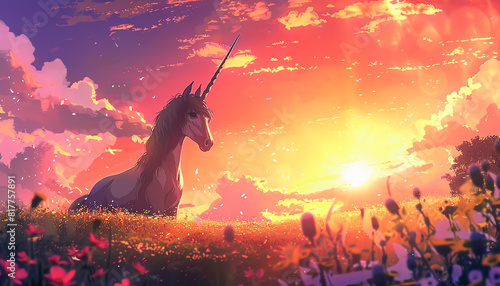 Explore an unexpected angle of a graceful unicorns profile, its horn catching the last rays of a sunset in a watercolor-inspired animation, highlighting its ethereal essence photo