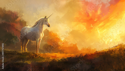Explore an unexpected angle of a graceful unicorns profile, its horn catching the last rays of a sunset in a watercolor-inspired animation, highlighting its ethereal essence photo