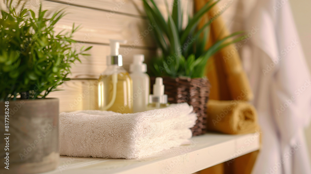 Bottle of aromatic air freshener towels and houseplant