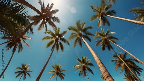 palm trees on the beach View from underneath of a blue sky and palm palms  tropical beach in the summertime  retro design  trip