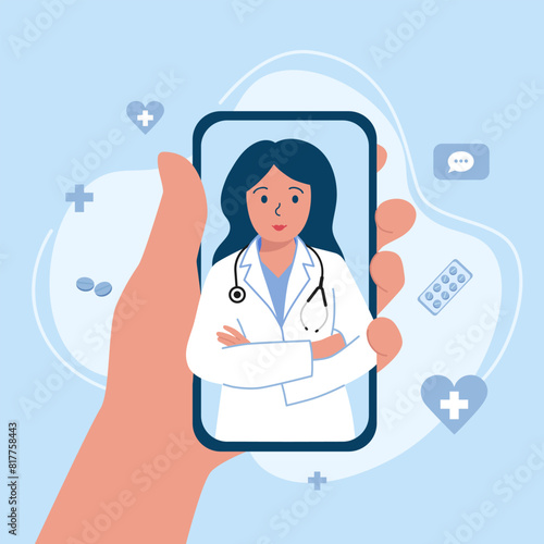 Doctor online consultation. Woman doctor in medical gown on phone screen. Call a doctor via smartphone application