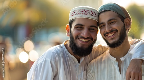 Two young Asian Muslim men with beards hug and share the happiness of welcoming the Muslim Eid al-Fitr holiday. Outdoors in the morning.