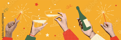 Human hands holding drinks, sparklers, bottle of champagne. People celebrate event together. 2025 New Year or Christmas party. Vintage halftone zine collage. Vector illustration.