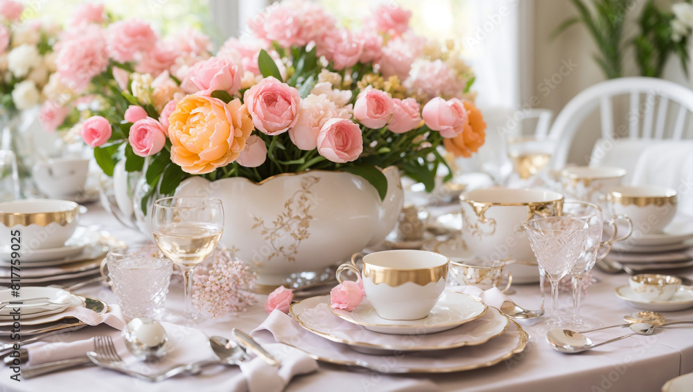 A table set with pink flowers, plates, and silverware.
A table set with pink flowers, plates, and silverware.