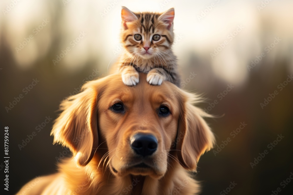 a small cat perched on the head of a golden retriever . Front view. very cute scene. a small cat perched on the head of a golden retriever . Front view. very cute scene.