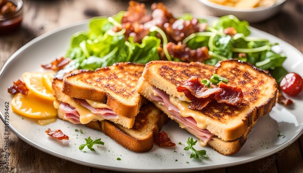 French toast with homemade ham, crispy bacon and salad, gouda cheese
French toast with homemade ham, crispy bacon and salad, gouda cheese