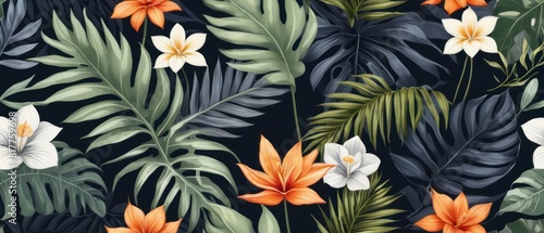 Wallpaper Mural tropical leaves and flowers background Torontodigital.ca