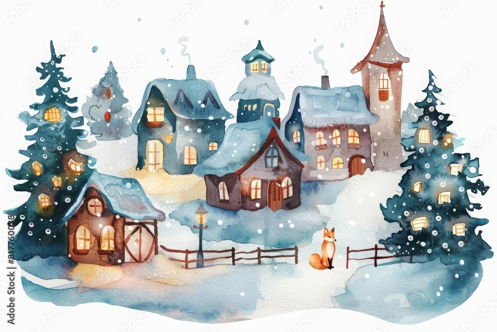 A cute watercolor of a cozy, snowy village at dusk, where foxes wander past warmly lit windows, emphasizing serene winter life, Clipart isolated on white