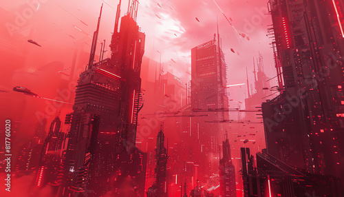 Explore a dystopian cityscape from a tilted perspective, showcasing towering metallic structures amidst a crimson sky, embodying a future marred by AI breakthroughs photo
