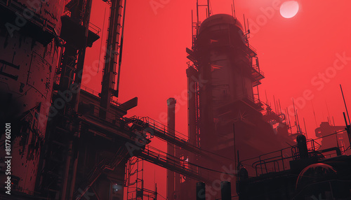 Explore a dystopian cityscape from a tilted perspective, showcasing towering metallic structures amidst a crimson sky, embodying a future marred by AI breakthroughs photo
