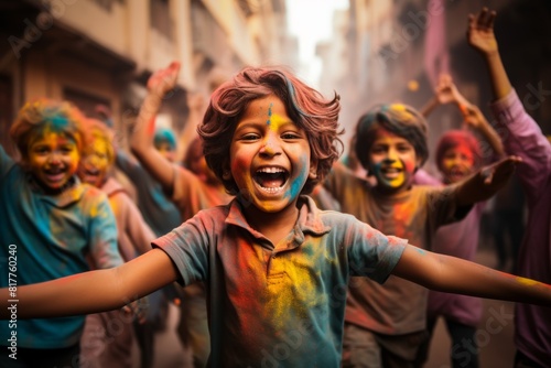 a group of children celebrating the Holi party in the street throwing colorful powder looking at each other  photo