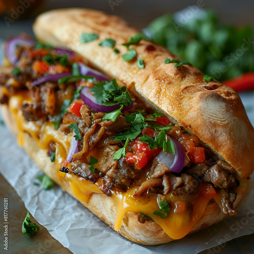 Baguette with beef. onion and cilantro. selective focus