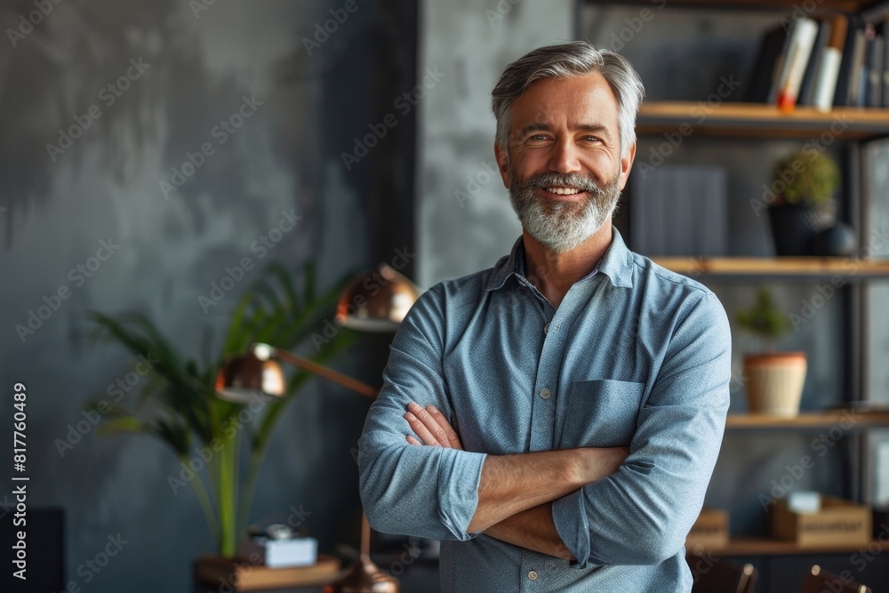 Smiling middle aged businessman looking at camera, portrait. Confident happy mature older professional businessman executive manager, male investor in shirt standing arms crossed in office. Smiling middle aged businessman looking at camera, portrait. Confident happy mature older professional businessman executive manager, male investor in shirt standing arms crossed in office.