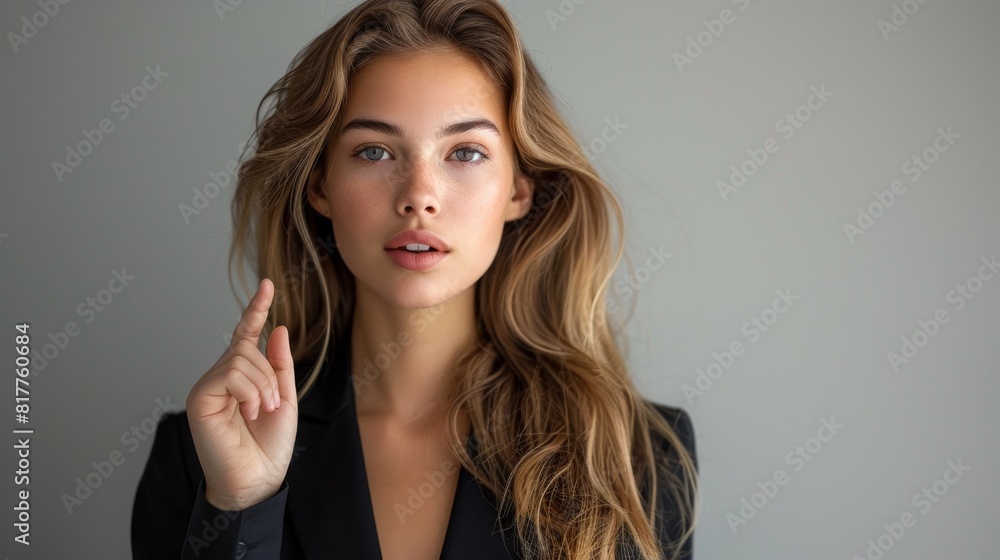 A beautiful woman with long hair in black suit is holding up her index finger A beautiful woman with long hair in black suit is holding up her index finger