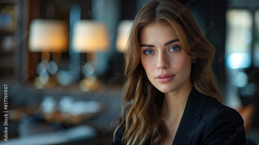 beautiful woman in black suit, blue eyes, long hair, restaurant background beautiful woman in black suit, blue eyes, long hair, restaurant background