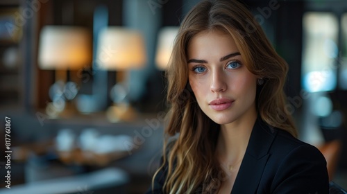 beautiful woman in black suit, blue eyes, long hair, restaurant background