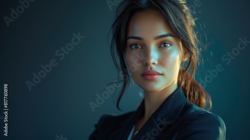 Portrait of a beautiful woman in a black suit, with soft light and shadow © PUKPIK