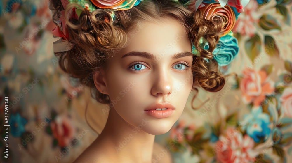 Naklejka premium woman with curlers on her head selective focus