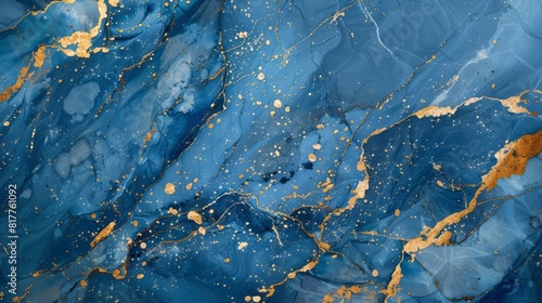 Abstract blue marble texture with gold splashes, blue luxury background.