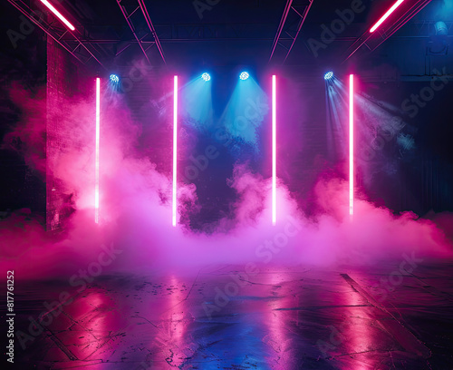 dramatic neon stage lighting with atmospheric smoke