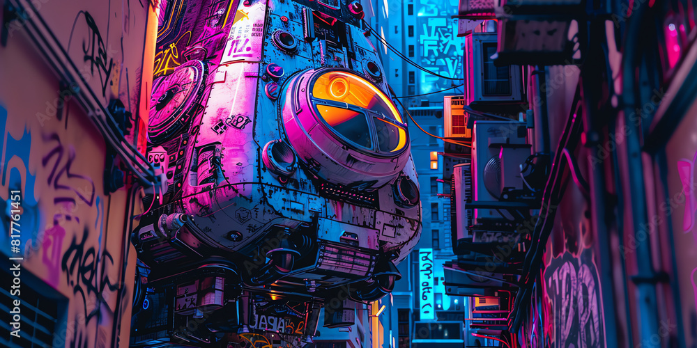 Capture a mesmerizing close-up of a futuristic spacecraft covered in vibrant street art graffiti under a neon-lit alleyway, blending urban vibes with space exploration Capture a mesmerizing close-up of a futuristic spacecraft covered in vibrant street art graffiti under a neon-lit alleyway, blending urban vibes with space exploration