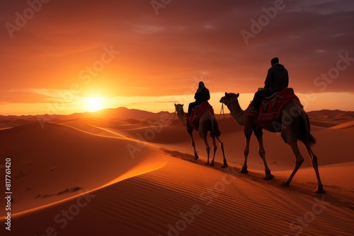  wise men on their camels through the dune-filled desert at sunset. 