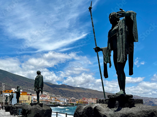 Plaza de la Patrona de Canarias with Guanches statues. Candelaria, Tenerife Island, Spain. Blue sky