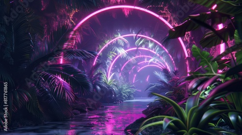Futuristic tunnel in the jungle with neon lights. Tropical plants cover the roof of the tunnel. Fantastic biopunk wallpaper.