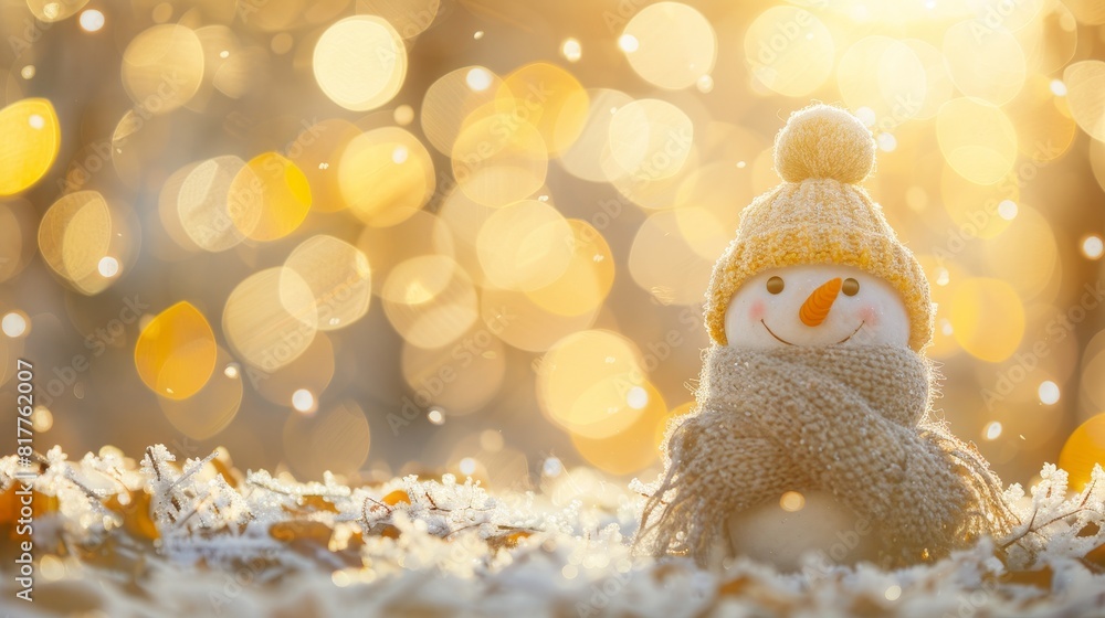 Obraz premium Cheerful snowman on snowy winter landscape banner with ample copy space for christmas