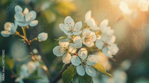 Floral background with white flowers and green leaves. Plum blossoms in the spring garden. Wild plums tree blossom blooming. © dheograft