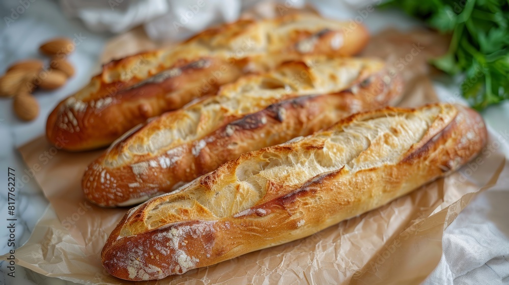 Fresh tasty baguettes in craft paper bag, close up. Fresh Bread french baguette in craftpaper bag
