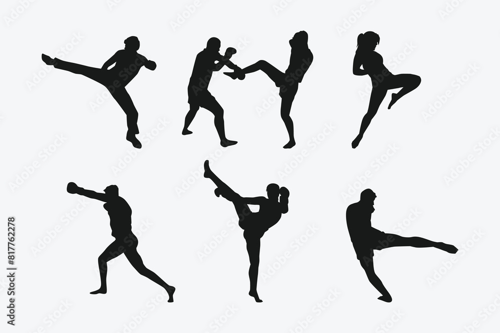 Muay Thai, kickboxing vector silhouettes set on white background. Different action, pose. Martial arts, sport. Graphic illustration. Muay Thai, kickboxing vector silhouettes set on white background. Different action, pose. Martial arts, sport. Graphic illustration.