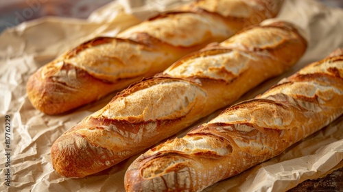 Fresh tasty baguettes in craft paper bag, close up. Fresh Bread french baguette in craftpaper bag photo