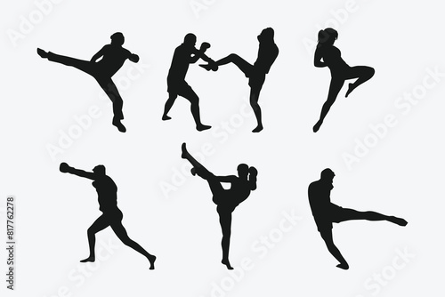 Muay Thai, kickboxing vector silhouettes set on white background. Different action, pose. Martial arts, sport. Graphic illustration. photo