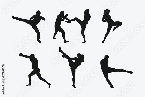 Muay Thai, kickboxing vector silhouettes set on white background. Different action, pose. Martial arts, sport. Graphic illustration.
