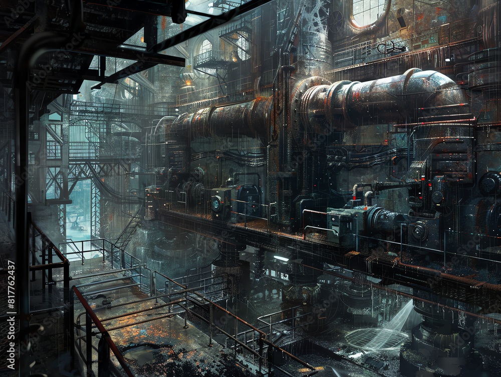 Visualize a world where advanced machinery meets decay by illustrating an abandoned factory filled with futuristic gadgets and ominous shadows from a worms-eye view