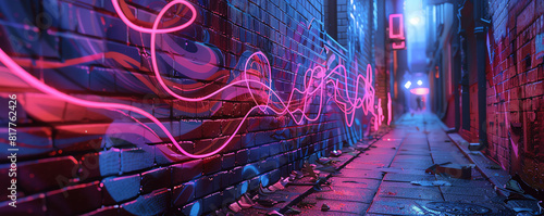 Zoom into a gritty alley where a rebellious street artist wields glowing digital spray cans photo