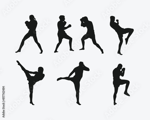 Muay Thai, kickboxing vector silhouettes set on white background. Different action, pose. Martial arts, sport. Graphic illustration.