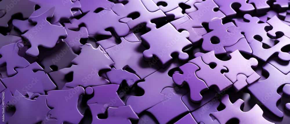 Purple colored 3D-rendered puzzle pieces scattered on a vibrant purple background Purple colored 3D-rendered puzzle pieces scattered on a vibrant purple background