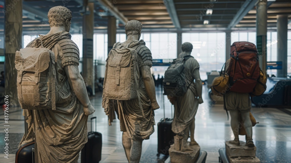 Fototapeta premium Antique Greek and Roman statues travel with suitcases. Sculptures of travelers at the airport.