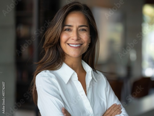 Portrait of a mid aged business woman corporate leader, smiling positive mature female executive manager standing in office arms crossed looking at camera.