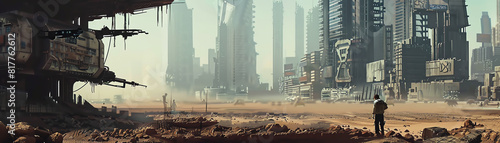 Illustrate a mind-bending perspective showcasing futuristic gadgets integrated into a desolate cityscape